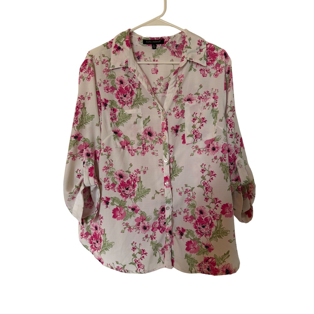 Kathy Ireland Pink Floral Button Down Roll Tab Sleeve Blouse XL